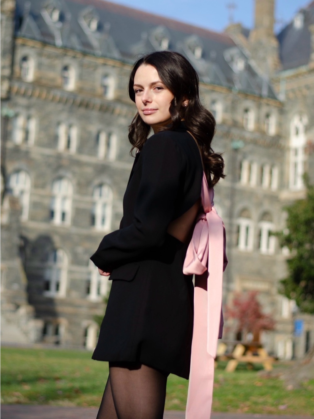 Viral Bow Dress by Alex Vinash Backless Black Mini Dress with Pink Ribbon Tie
